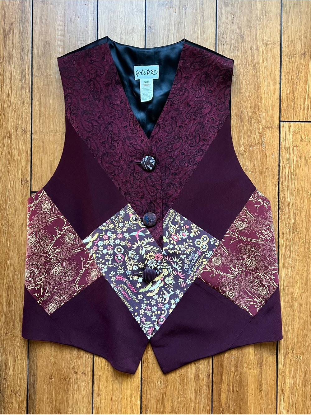 Vintage Yasuko Patchwork Art to Wear Burgundy Vest Size S/M